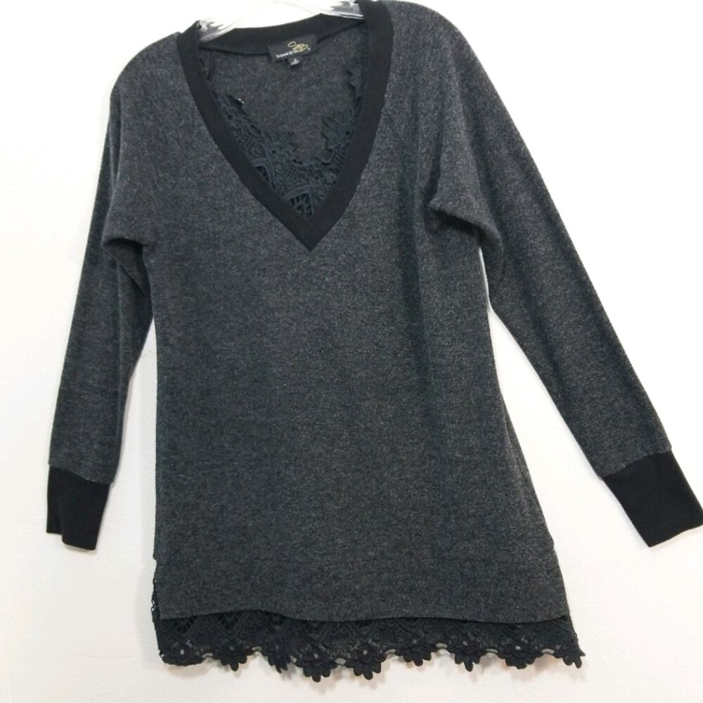 Susan Betro soft thick charcoal & lace tunic top S